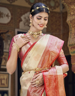Samah Self Design, Woven, Embellished Banarasi Pure Silk, Jacquard Saree(Beige, Gold)
