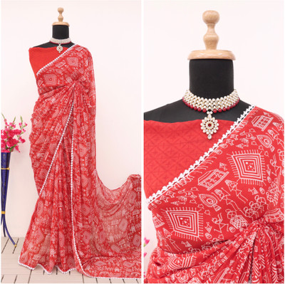 Zoamic the ethnic corner Printed Mysore Georgette Saree(Red)