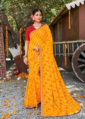 Laxmipati sarees Printed Bandhani Georgette Saree(Orange)
