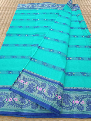 KhayaFashion Woven Tant Pure Cotton Saree(Light Blue)