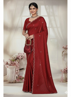 DUDHANE TRADING CORPORATION Embroidered, Embellished, Self Design Bollywood Silk Blend Saree(Red)