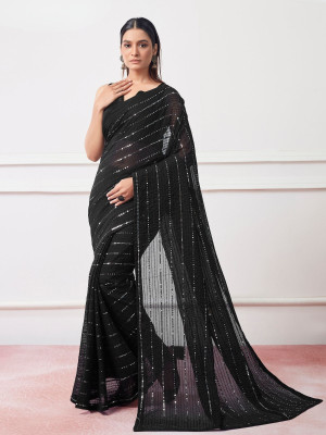 odette Embellished Saree with Attached Blouse Georgette Saree(Black)
