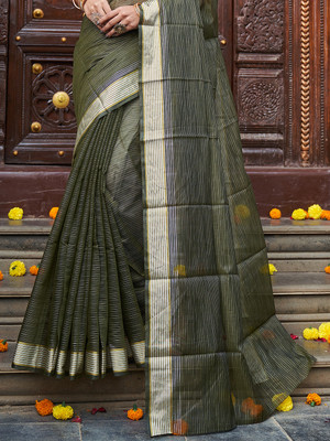 KARAGIRI Striped Kota Doria Cotton Blend Saree(Green)