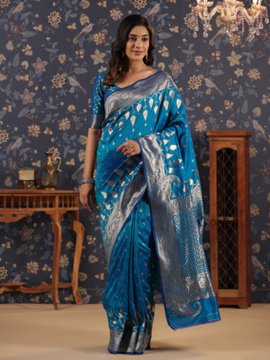 House of Pataudi Woven, Paisley Banarasi Silk Blend Saree(Light Blue)