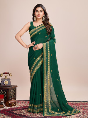 VERAFASHION Embroidered Bollywood Cotton Silk Saree(Green)