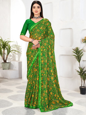 Divastri Floral Print Bollywood Chiffon Saree(Light Green)