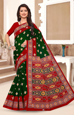Sumit Textiles Printed Sambalpuri Cotton Blend Saree(Red, Green)