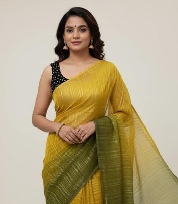 Anugrah Textile Embroidered Banarasi Lycra Blend, Chiffon Saree(Yellow, Green)