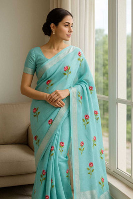 LYANNA Embroidered Bollywood Handloom Tussar Silk Saree(Light Blue)