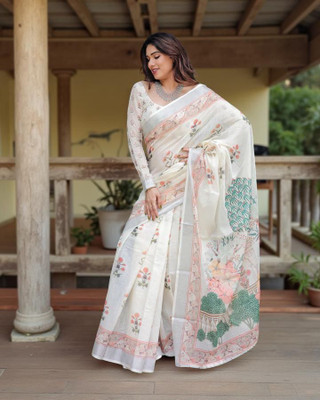Myraani Printed Daily Wear Cotton Linen, Art Silk Saree(Multicolor)