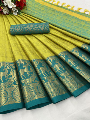 KanjiQueen Printed Kanjivaram Cotton Silk, Silk Blend Saree(Pack of 2, Light Green, Blue)
