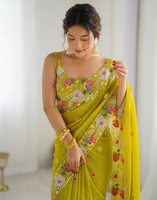 Samah Embellished, Embroidered Bollywood Georgette Saree(Mustard)
