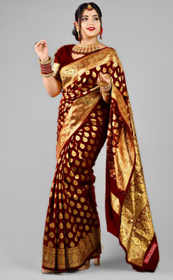 Sijileen Woven, Embellished Banarasi Satin Saree(Maroon)