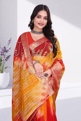 Aarunika IC Solid/Plain Bollywood Organza Saree(Red, Yellow)