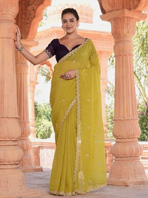 LAJEELEE Embroidered Bollywood Jimmy choo Saree(Yellow)