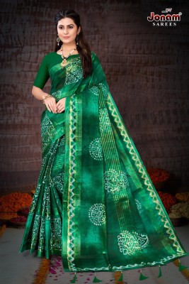 jonam fashion Printed Daily Wear Pure Cotton Saree(Light Green)