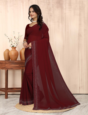 DHRAM CREATION Solid/Plain, Self Design, Dyed, Embellished Bollywood Georgette Saree(Maroon)