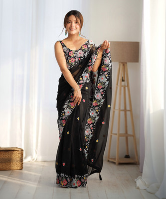 Samah Embellished, Embroidered Bollywood Georgette Saree(Black)