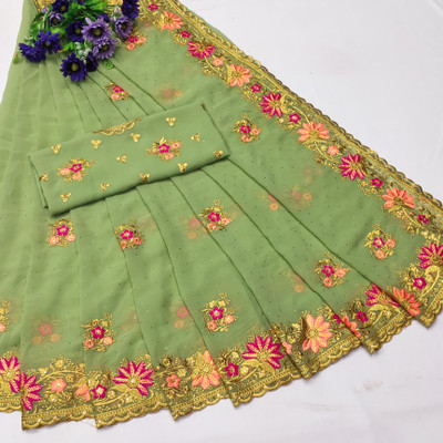 MIYANIFAB Embroidered Bollywood Georgette Saree(Light Green)