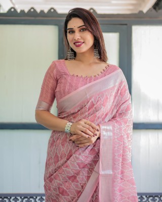 maharani couture Printed Handloom Cotton Linen Saree(Pink)