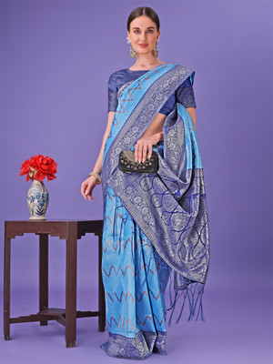 Tasrika Woven Banarasi Cotton Silk Saree(Blue)