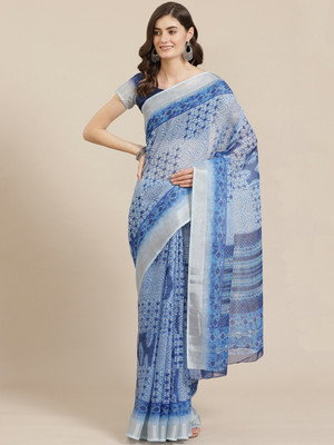 Divastri Geometric Print Bollywood Linen Saree(Blue)