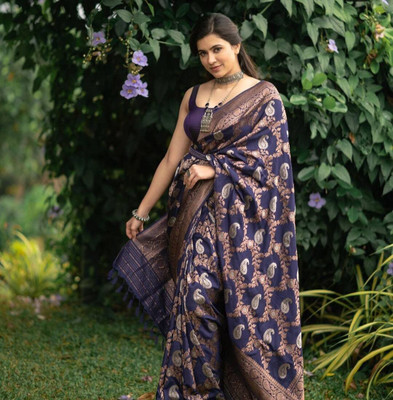 RUCHAA FASHION Woven, Paisley Banarasi Silk Blend Saree(Dark Blue, Gold)