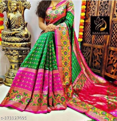 manat Self Design, Floral Print, Embellished, Woven, Applique Banarasi Art Silk Saree(Green)