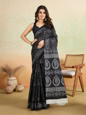 SHANVIKA Printed Daily Wear Pure Cotton Saree(Black)