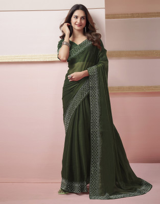 Satrani Embellished Bollywood Jimmy choo, Chiffon Saree(Green)