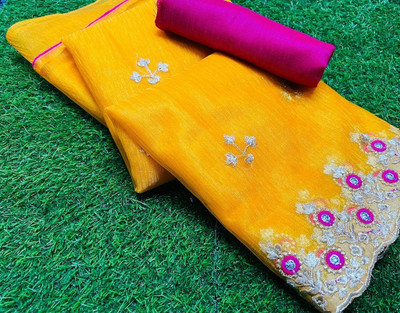 ShivGori Embroidered Bollywood Net Saree(Yellow)