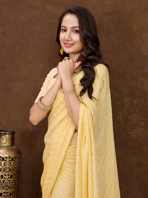 RekhaManiyar Self Design Bollywood Georgette Saree(Yellow)