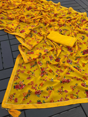 HouseOfCommon Polka Print, Floral Print, Graphic Print Bollywood Georgette Saree(Yellow)