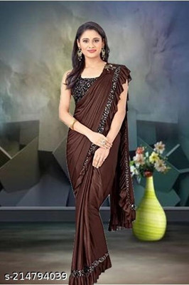 WOSTON Solid/Plain Bollywood Lycra Blend Saree(Brown)