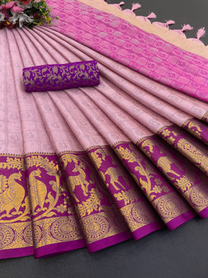 KanjiQueen Printed Kanjivaram Cotton Silk, Silk Blend Saree(Pink, Purple)