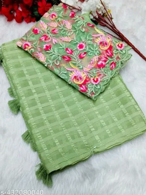 Infyshopy Fashions Striped, Solid/Plain, Self Design, Embroidered Bollywood Chiffon, Cotton Blend Saree(Green)