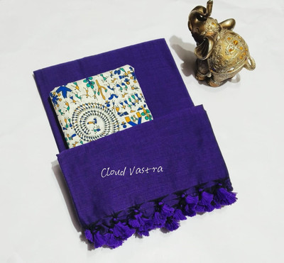 cloud vastra Solid/Plain Bollywood Pure Cotton Saree(Blue)