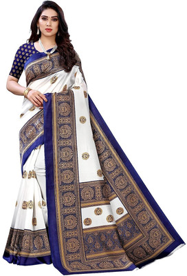 ROOPTARA Printed Bollywood Pure Silk Saree(Dark Blue, White)