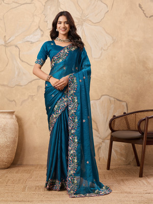 SARETRA MALL Embroidered, Embellished, Floral Print Bollywood Tissue, Organza Saree(Blue)