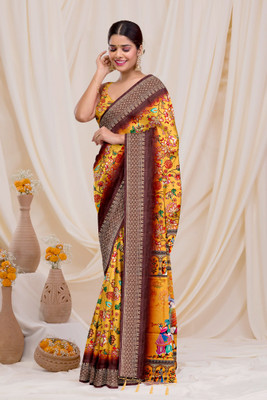 Dharmeta Enterprisre Digital Print Bollywood Cotton Silk Saree(Yellow)