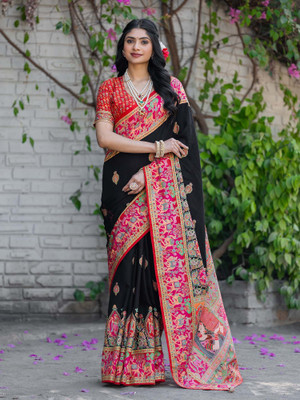 ANOUK Printed Daily Wear Silk Blend Saree(Black)