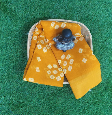 Hanvi Creation Printed Bandhani Cotton Blend Saree(Yellow)