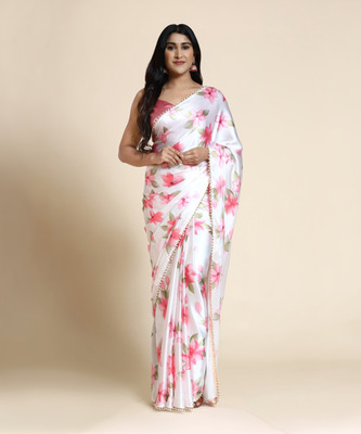Fabian Fashion Floral Print, Digital Print Bollywood Satin Saree(White)