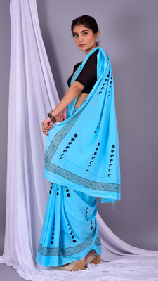 NIKHILAM Printed Daily Wear Pure Cotton Saree(Light Blue)