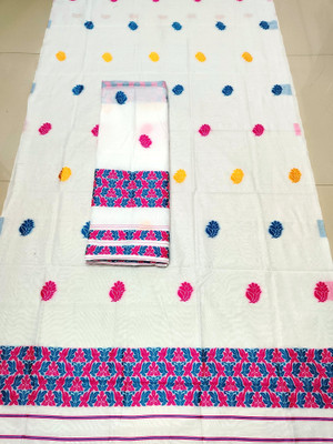 AREEVANZ Self Design Mekhela Chador Cotton Blend Saree(White)