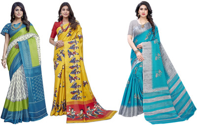 YASHIKA Printed Mysore Art Silk Saree(Pack of 3, White, Blue, Yellow, Grey)