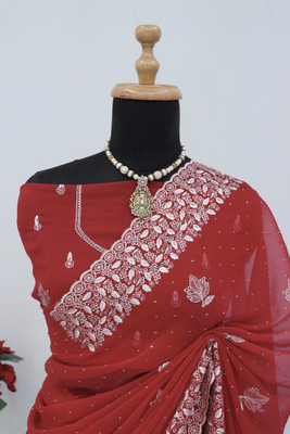 ZOYAL ENTERPRISE Embroidered, Embellished Bollywood Organza Saree(Red)