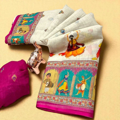 kiyan enterprise Printed, Animal Print, Graphic Print, Embellished Daily Wear Linen, Cotton Linen Saree(Cream)