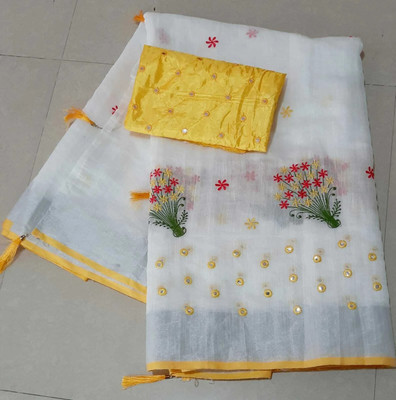 shreeji creation Embroidered Chanderi Cotton Linen Saree(White, Yellow)