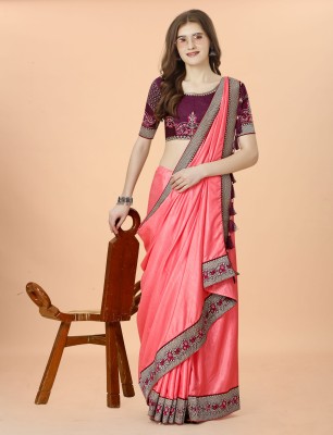 Shatanuvart Export Embroidered Banarasi Silk Blend, Art Silk Saree(Pink, Purple)